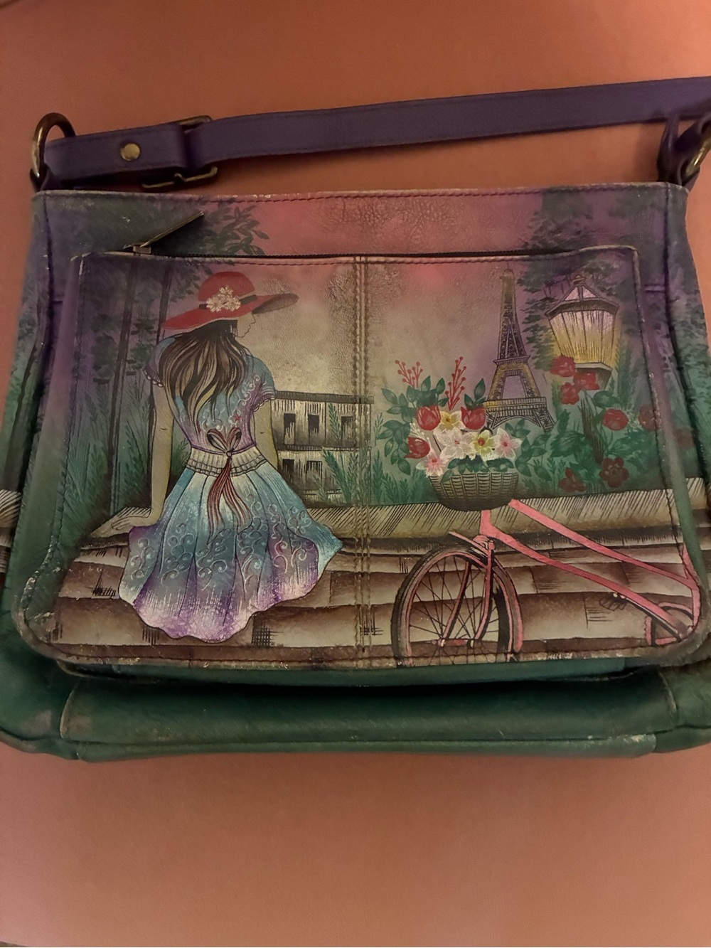 Anna Hand-Painted Paris Scene Crossbody Bag in Purple and Green